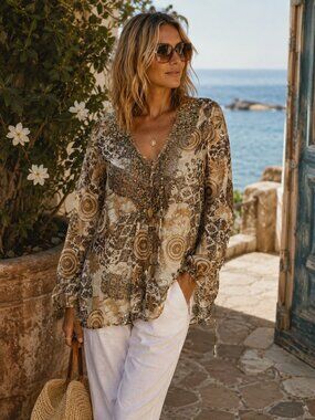 CRISCA NWOT Beaded Boho Luxe Tunic Blouse Semi Sheer Coastal Resort Travel L